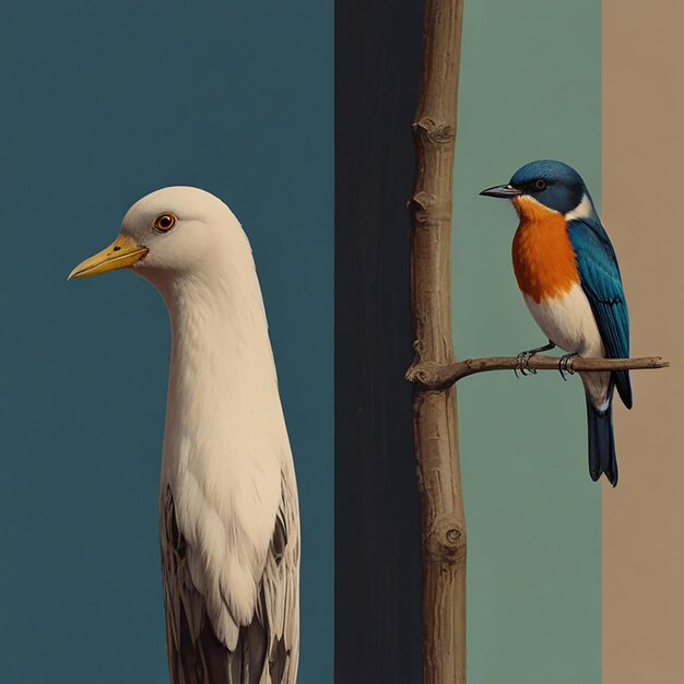 Photo two birds are standing on a branch one has a yellow beak