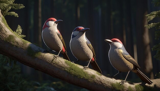 two birds are standing in the forest one of which is red and white