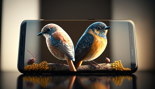 Two birds around smartphone painting image ai generated art