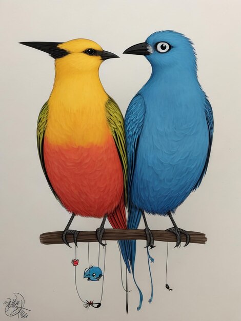 Two birds beeeaters looking in the opposite directions sitting on the branch hand painted watercolo