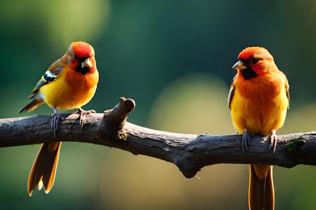 Two birds on a branch, one of which is yellow and the other is orange.