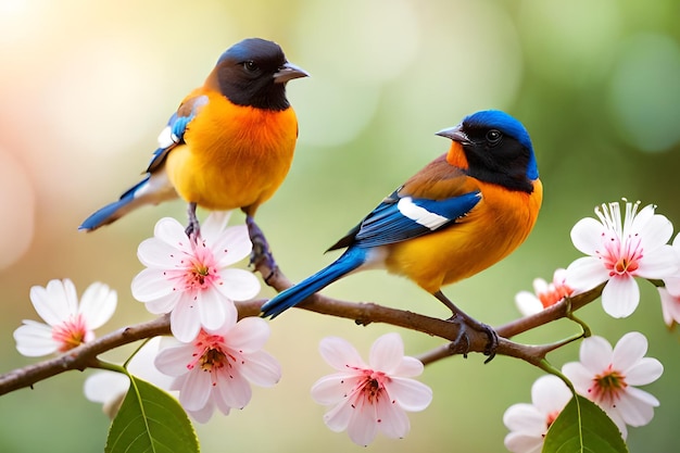 꽃과 나뭇가지에 두 마리의 새