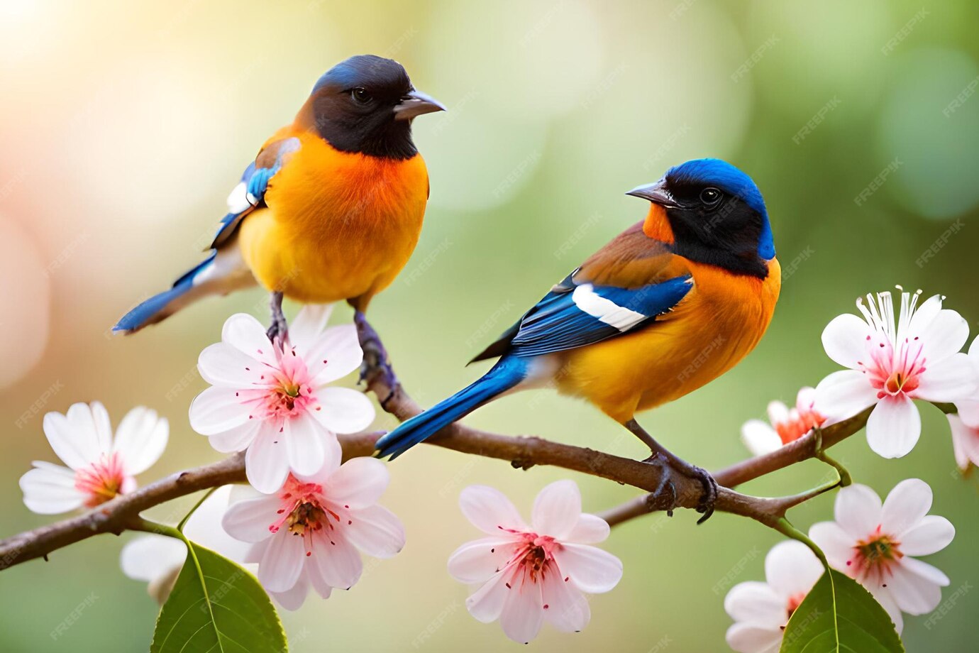 Premium Photo | Two birds on a branch with flowers