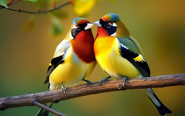 Two birds on a branch with green leaves