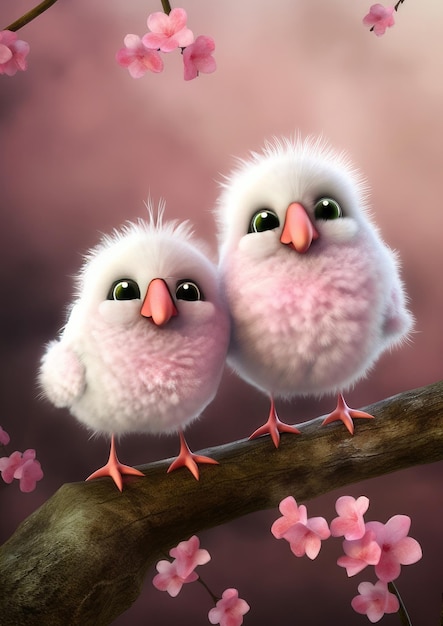 Two birds on a branch with pink flowers