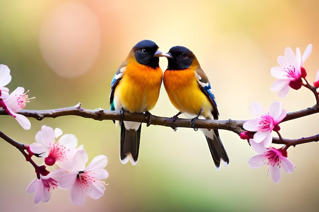 Two birds on a branch with pink flowers