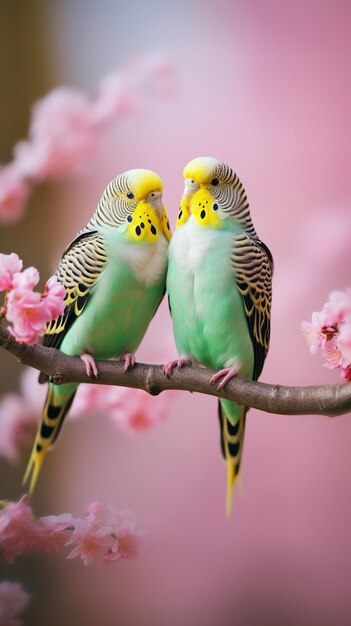 Two birds on a branch with pink flowers