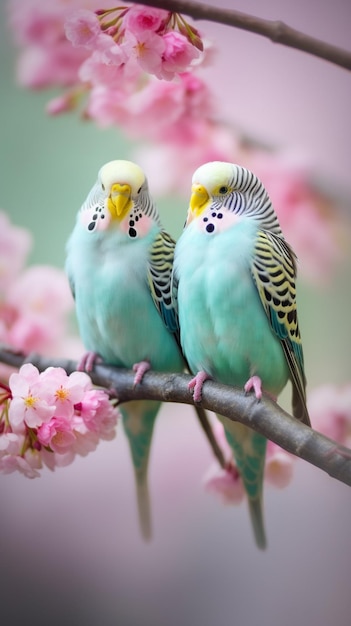 분홍 꽃이 있는 나뭇가지에 두 마리의 새