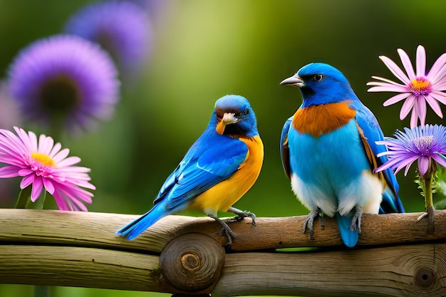 Two birds on a branch with purple flowers in the background