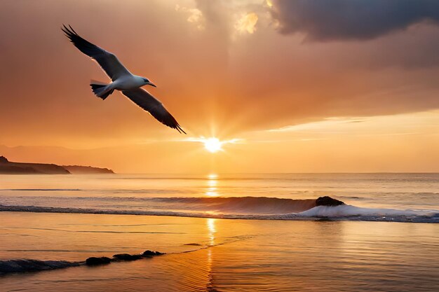 Premium AI Image | two birds flying in the sky over the ocean with the