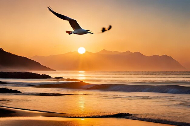 Premium AI Image | two birds flying in the sky with mountains in the