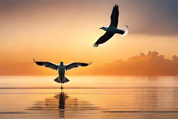 Two birds flying in the sky with mountains in the background