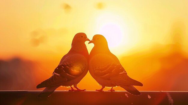 Photo two birds kissing in front of a sunset sky