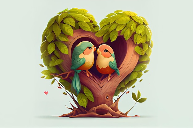 Two birds in love over trees in shape of heart Generation Ai