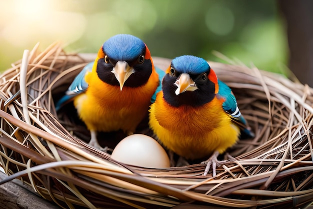 Two birds in a nest with an egg