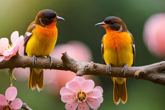 Two birds sit on a branch with pink flowers in the background.