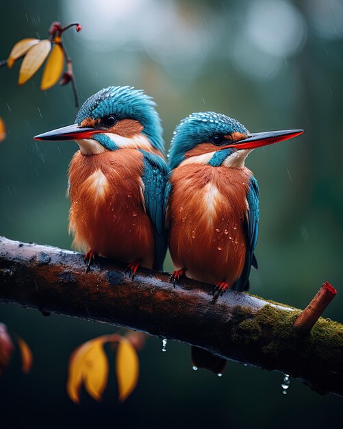 two birds sit on a branch with rain drops