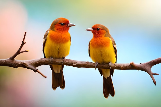 Photo two birds sitting on a branch, one of which has yellow and orange feathers.