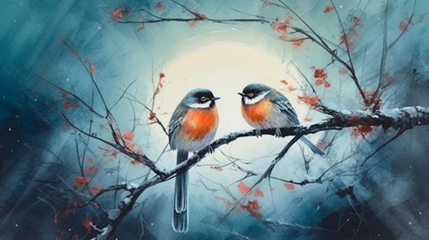 Two birds sitting on a branch with the moon behind them