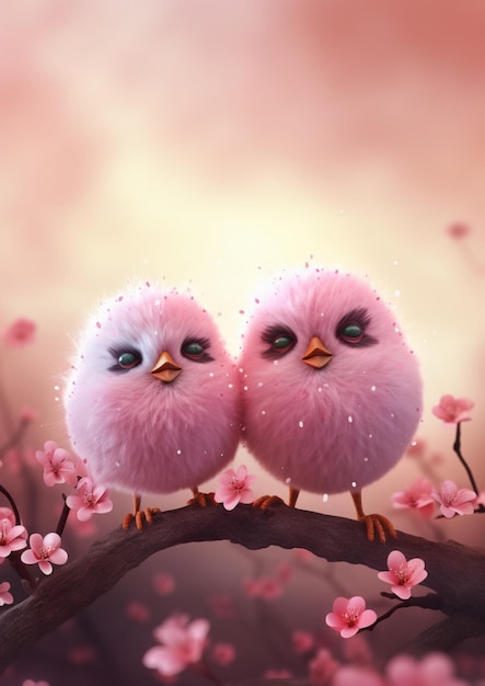 Two birds sitting on a branch with pink flowers in the background