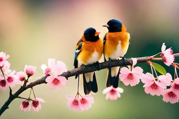 ピンクの花の枝に座っている 2 羽の鳥