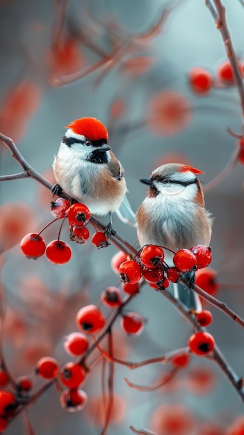 Two birds sitting on a branch with red berries