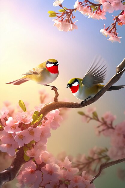 ピンクの花を持つ枝に座っている 2 羽の鳥