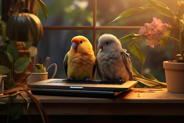 Two Birds Sitting on the Laptop Surround Generative AI