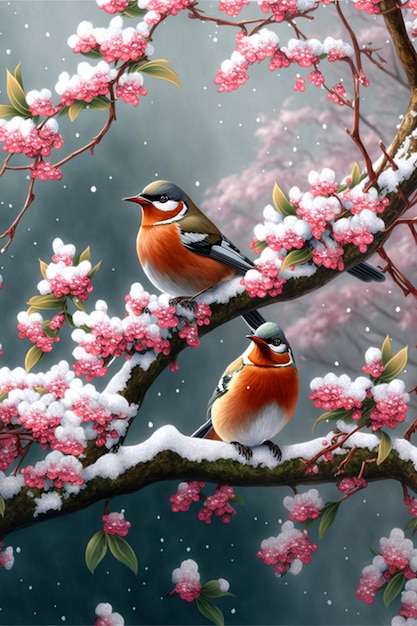 Two birds sitting on top of a tree covered in snow generative ai