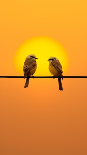 Two birds sitting on a wire with the sun setting in the background