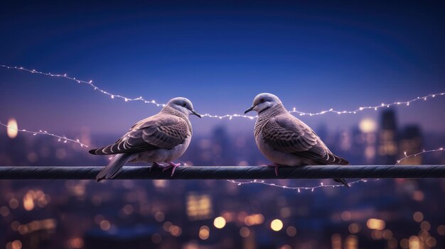 Two birds on a wire with lights on them