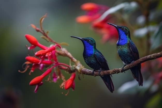 Two birds with blue and purple feathers sit on a branch with red flowers.