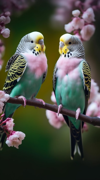 Two birds with pink feathers and green feathers are sitting on a branch.