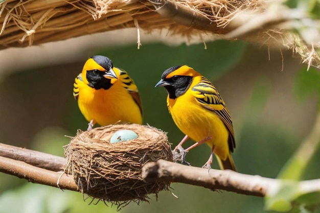 two birds with their heads on a branch with a nest in the background