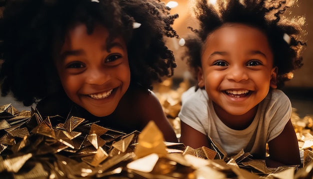 Two black African children received a gift the concept of Christmas and New Year