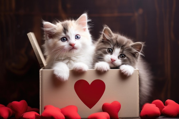 Фото Два черно-белых пушистых котенка в коробке с красными сердцами на черном фоне два черно-белых котенка в картонной коробке с красными сердцами