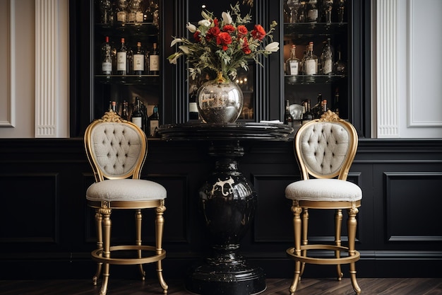 Photo two black barstools stand before a mirror creating a sophisticated and stylish atmosphere