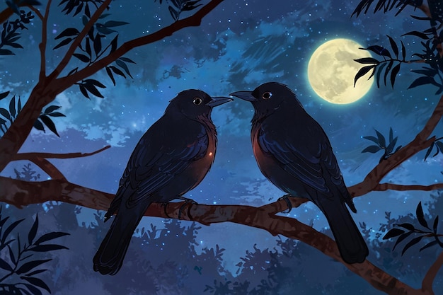 Two black birds sitting in the trees and it is night and moonlight