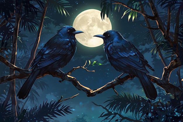 Two black birds sitting in the trees and it is night and moonlight