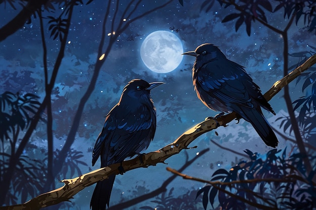 Two black birds sitting in the trees and it is night and moonlight