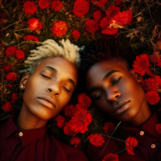 Two black boys lying in a field with red flowers View from above Celebrating Black History Month