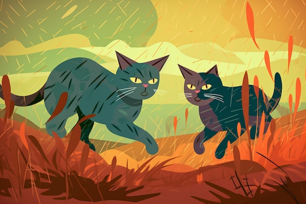 Two black cats are walking in a field with the word cat on the front