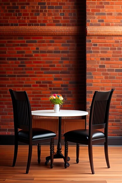 Two black chairs with round table on wood floor brick wall and