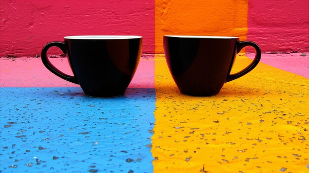 Two Black Coffee Cups on Multicolored Background