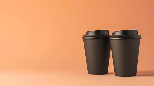 две черные одноразовые кофейные чашки с крышками на мягком светло-персиково-оранжевом фоне