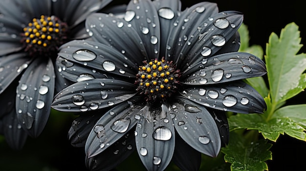 two black flowers with water droplets on them