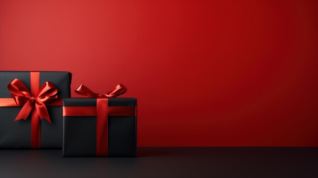 Two black gift box on red background with empty space for advertising black friday concept minimalism banner with copy space