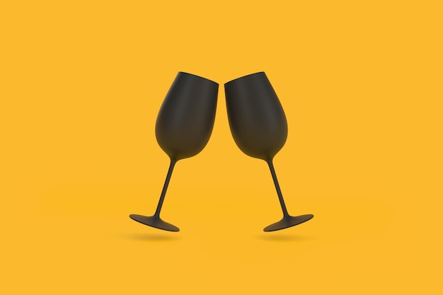 Two black glasses of champagne floating on a yellow background Minimal concept 3D render