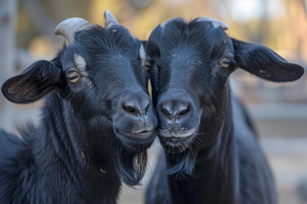 Two Black Goats with Horns Close Up Portrait Together in Natural Outdoor Setting