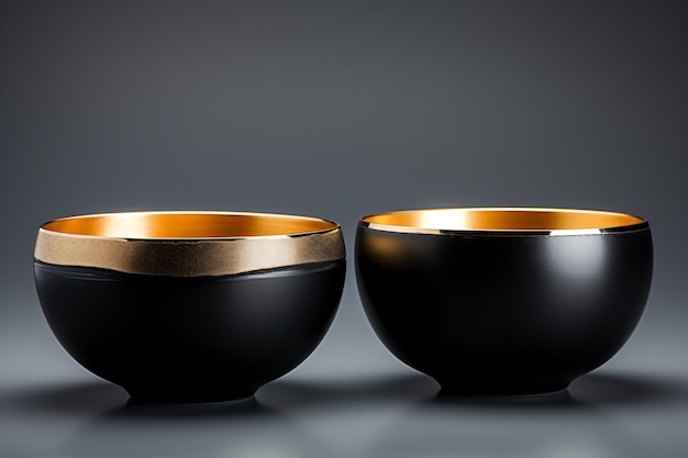 two black and gold bowls sitting on a table